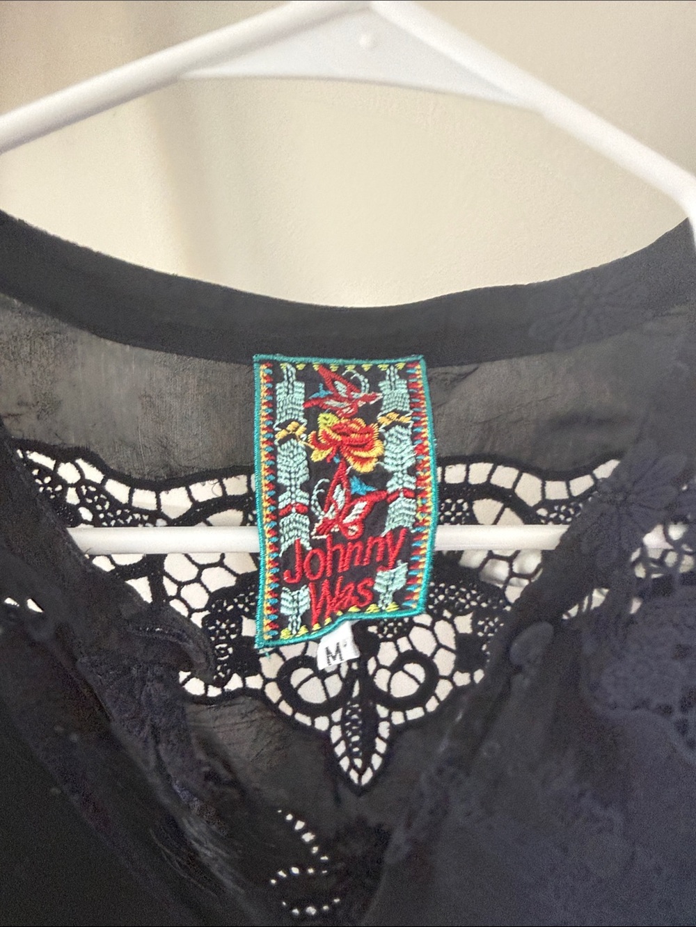 Johnny Was Black Lace Appliqué Sheer Blouse - Picture 4 of 6